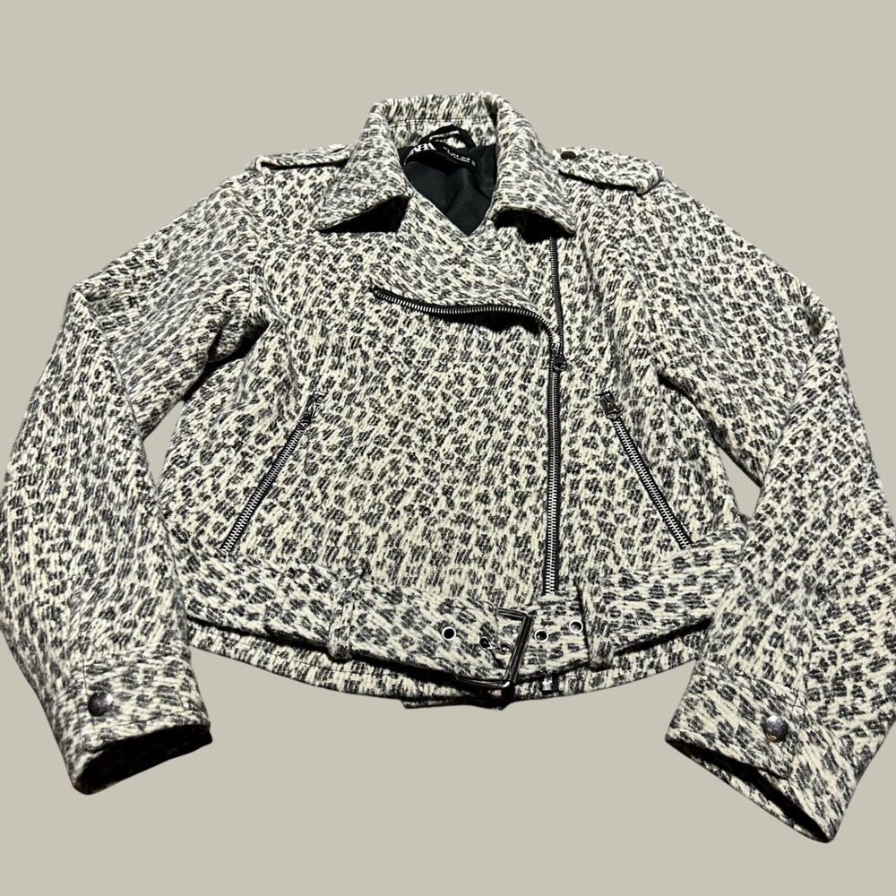 Zara Womens Small Moto Jacket Biker Tweed Textured Belted Gray Black White